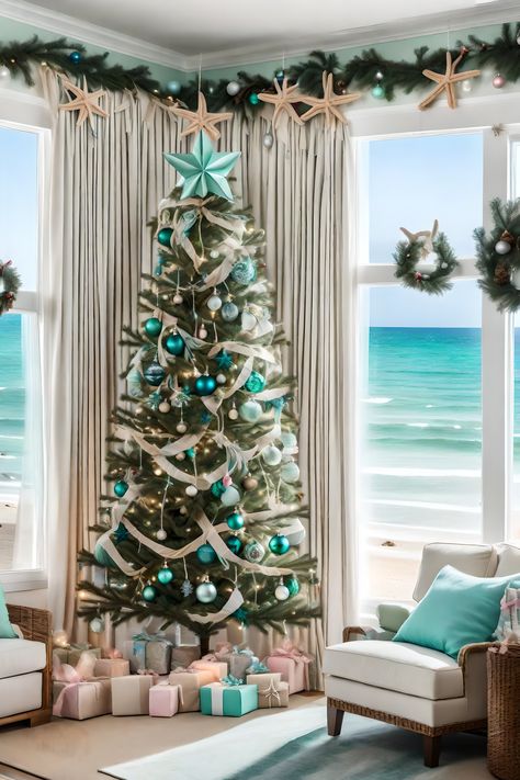 Beach Home Christmas Decor, Coastal Christmas Outdoor Decor, Christmas At The Beach Decorations, Beach Christmas Aesthetic, Christmas At The Beach, Beachy Christmas Decor, Beach Christmas Decorations, Coastal Christmas Tree, Florida Christmas