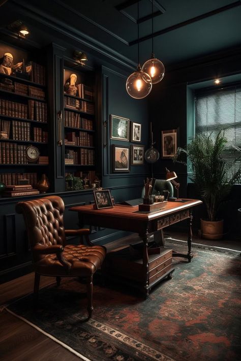 Dark Academia Style Home, Scottish Study Room, Office Ideas Dark Academia, Dark Academy Aesthetic Room, Vintage Academia Aesthetic Room, Dark Cottage Core Office, Dark Academia Reading Room, Dark Academia Gaming Room, Dark Academia Classroom Aesthetic