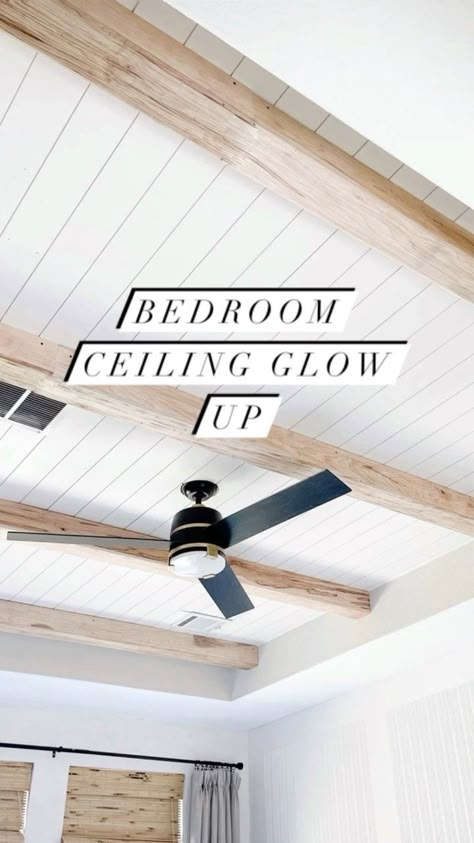 Beams And Shiplap Ceiling, Basement Shiplap Ceiling, White Ceiling With White Beams, Farmhouse Accent Ceiling, Bungalow Ceiling Ideas, Wood Beams On Non Vaulted Ceiling, Shiplap Ceiling Vaulted Living Room, Beadboard Ceiling With Wood Beams, Shiplap Ceiling With Faux Beams