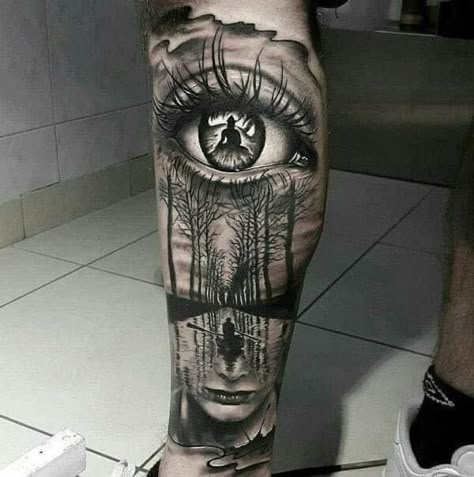 tattoo of eye trees river boat Tree Eye Tattoo, Realistic Sleeve Tattoo, Tree Sleeve Tattoo, Tree Sleeve, River Tattoo, Rainbow Tattoos, Cool Tattoo, Chicano Tattoos, Tattoo Women