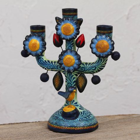 Mexican Candle Holder, Mexican Candle, Unique Candle Holders, Tree Of Life Art, Moroccan Art, Unique Candle, Talavera Pottery, Cute Bird, Mexican Decor