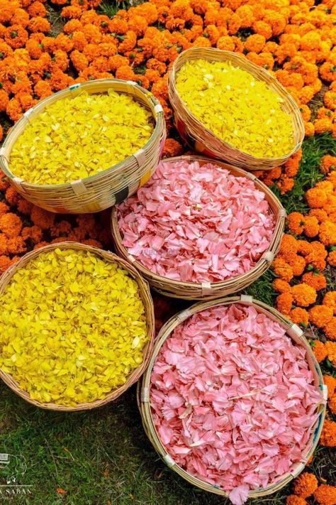 Haldi Basket Decoration, Holi With Flowers, Haldi Event Ideas, Haldi Mehendi Decor, Haldi Event Decoration, Haldi Photobooth, Haldi Flowers, Haldi Aesthetic, Mandap Flowers