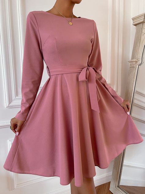 Rosa vieja Elegante Collar manga larga Poliéster Liso A línea Embellished No-Elástico Primavera Vestidos de Mujer Dinner Dress Short, Short Dress Elegant, Dress Dinner, Outfit School, Us Size 10, Short Dresses Casual, Dinner Dress, Fashion Sewing Pattern, Spring Women