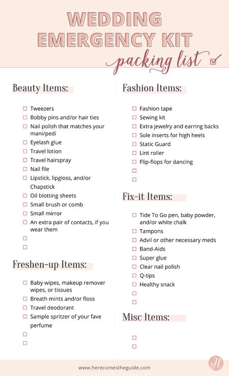 Wedding Emergency Kit Checklist, Emergency Kit Checklist, Wedding Day Emergency Kit, Wedding Emergency Kit, Wedding Ceremony Ideas, Wedding Planning Timeline, Small Makeup Bag, Planning Checklist, Future Wedding Plans