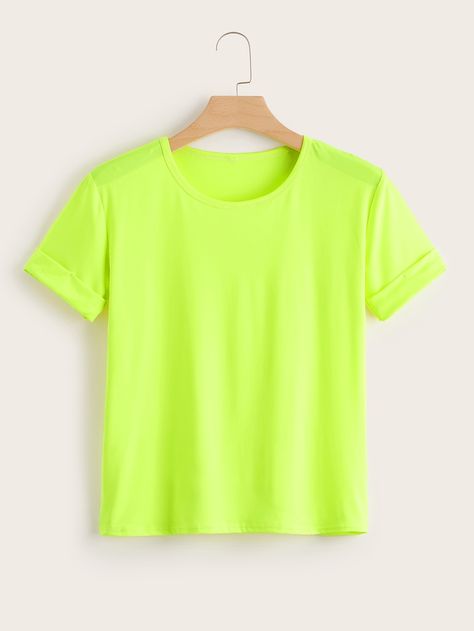 Plus Neon Lime Rolled Sleeve Tee | SHEIN USA Lime Green Shirts, Plus Size Fall, Crop Top Casual, Stylish Dresses For Girls, Short Sleeve Pattern, Fashion Dresses Casual, Wedding Dresses Plus Size, Aesthetic Iphone, Womens Fashion For Work