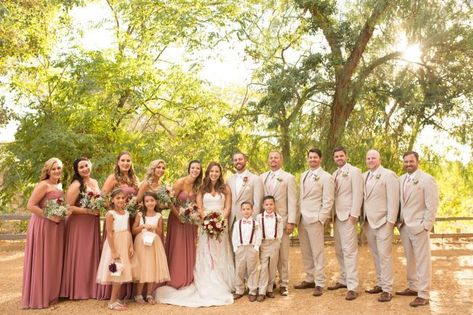 Dusty Pink And Khaki Wedding, Mauve Bridesmaid Dress With Tan Suit Groomsmen, Dusty Rose Bridesmaid Dresses With Groomsmen, Beige Suits Wedding Groomsmen, Dusty Pink And Beige Wedding, Rustic Bridal Party Attire, Dusty Pink And Tan Wedding, Groomsmen Attire Dusty Rose, Dusty Pink Groomsmen Attire