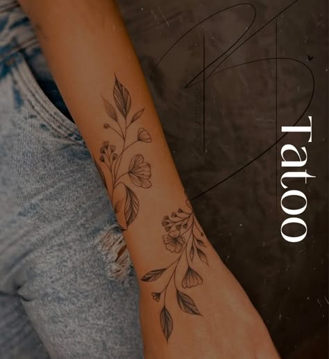 Large Tattoos For Women Arm, Tattoo Ideas Vine Flowers, Marigold Wrap Around Tattoo, Fine Line Wrist Tattoos For Women, Floral Vine Tattoos Sleeve, Wrap Around Flower Tattoo Arm, Floral Wrap Around Tattoo Forearm, Flower Forearm Tattoo, Wraparound Tattoo