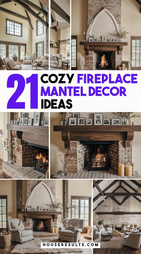 Looking to cozy up your living space? Our fireplace mantel decor ideas offer stylish solutions for every home. 🌟🔥 Discover how to create a warm and inviting atmosphere with these easy tips. Save this pin to start decorating your mantel today! Ideas For Above Fireplace Mantel, Rustic Mantle Decor With Tv, Stone Fireplace Mantel Decor, Fireplace Mantle Design, Farmhouse Mantel Ideas, Brick Mantel Decorating Ideas, Mantel Designs Fireplace, Decorating Living Room With Fireplace, How To Decorate Mantel