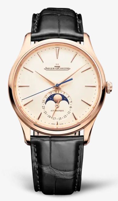 Moonphase Watch, Jaeger Lecoultre Watches, Calendar Date, Jaeger Lecoultre, Gold Models, Rose Gold Case, Luxury Watches For Men, Watch Model, Gold Leather