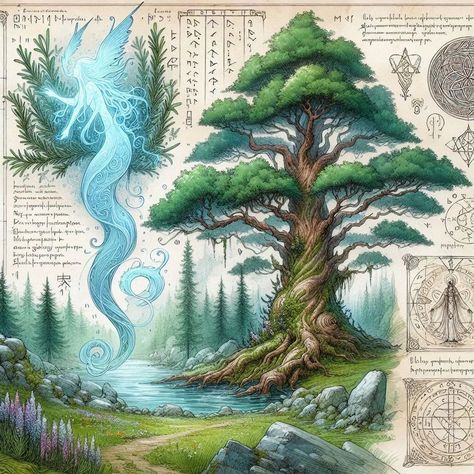 Field Guide | Volume II | Pages 5 - 8: "Of Birchwood Spirits and Rosemary" #aiart #aiartwork #aiartcommunity #aiconceptart #fantasy #fantasyart #fantasynature #fantasylandscape #fieldguide #beastiary #herbarium #birch #spirit #rosemary #river Fantasy Spirit, Terrarium Kit, Fantasy Tree, Fantasy Drawings, Nature Spirits, Fantasy Forest, Dnd Art, Fantasy Creatures Art, Fantasy Concept Art