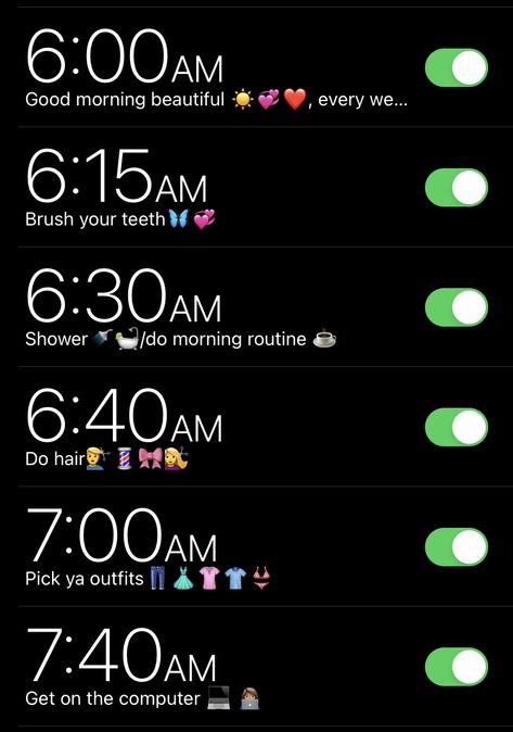 Aesthetic Alarms Iphone, Cute Alarm Names, Alarms Iphone, Online School Routine, Vlogger Aesthetic, Iphone Organisation, Morning Reminder, Alarm App, School Routine For Teens