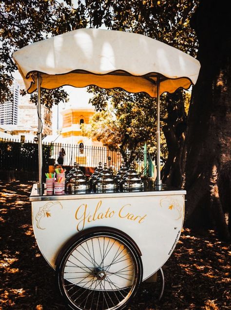 Gelato Cart wedding service Sydney Gelato Cart, Food Truck Wedding, Food Bars, Wedding Cake Alternatives, Italian Street, Ice Cream Cart, Wedding Reception Food, Food Cart, An Ice Cream