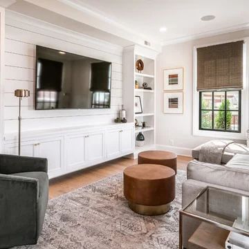 Coral Cay - Transitional - Family Room - Orange County - by Laura Brophy Interiors | Houzz Room Library Ideas, Transitional Family Room, Media Walls, Traditional Design Living Room, Living Room New York, Stone Creek, White Shiplap Wall, Family Room Ideas, Shiplap Wall