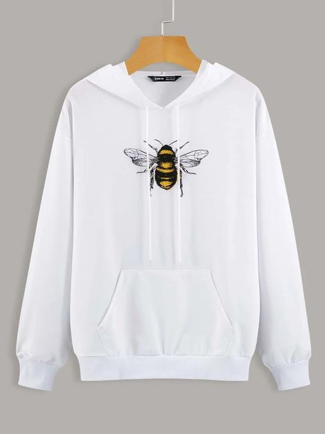 Bee Hoodie, Hoodies Aesthetic, Women Sweatshirts, Bee Print, Painted Clothes, Shopping Ideas, Drawstring Hoodie, White Style, Kangaroo Pocket