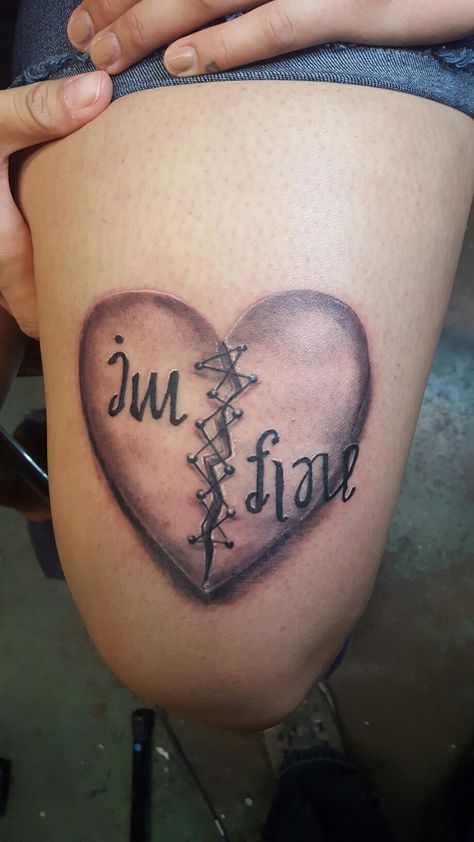 Broken Heart Anaogram-I'm fine/help me. Tattoo by Josh Marchand owner of Zia ink Co Check us out on Facebook and Instagram. Heart Tattoo Ideas, Geometry Symbols, Heart Tattoo Wrist, Red Heart Tattoos, Omerta Tattoo, Broken Love, Love Tattoo, Healing Tattoo, Spiritual Tattoos