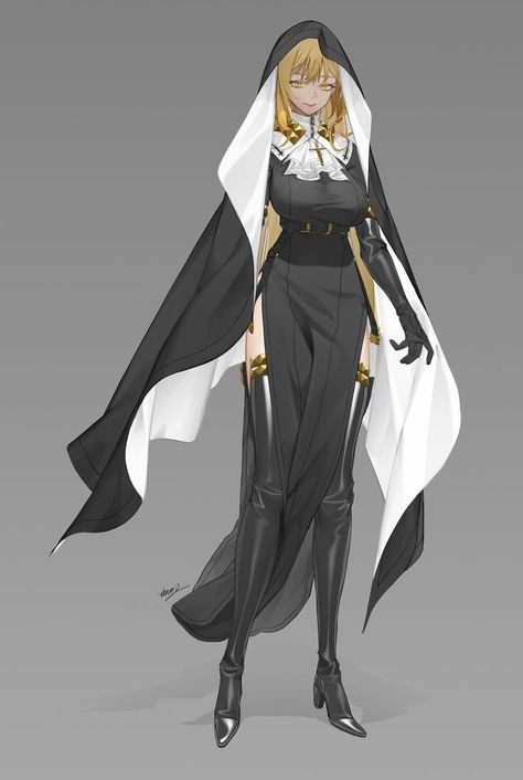 ArtStation - . Nun Outfit, Background Grey, Elbow Gloves, Black Footwear, Boots High Heels, Thigh Boots, Necklace Dress, Gloves Black, Gradient Background