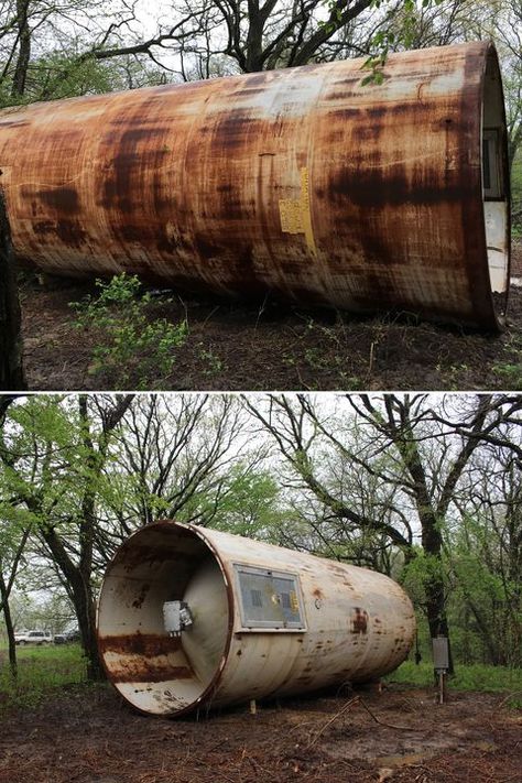 Rusty Storage Tank Converted Into A Luxurious Tiny House Camping Store, Shipping Container Cabin, Tiny Houses For Rent, Container Cabin, New Television, Plastic Pellets, Water Storage Tanks, Storage Tanks, Diy Backyard Landscaping