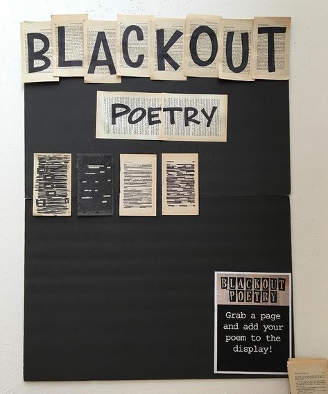 Oh, it's so #bleeping on. Blackout #poets, unite! #blackoutpoetry #Aprilis #nationalpoetrymonth #youreapoetandjustdontknowit #OregonCity… Library Displays Ideas, Public Library Displays, Poetry Classroom, Thanksgiving Stem Activities, Poetry Comprehension, Music Bulletin Boards, Teen Library, Library Week, Reading Bulletin Boards