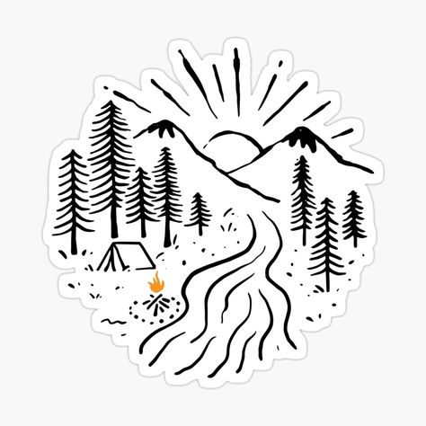 Camping Stickers, Camping Tattoo, Camping Theme Birthday, Simple Line Drawings, Little Doodles, Diy Art Projects, Decorate Notebook, Nature Tattoos, Bullet Journal Doodles