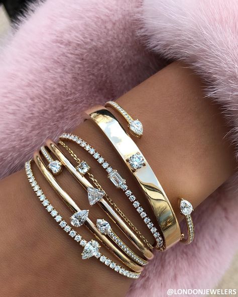 Silver And Gold Bracelets Together, Diamond Bracelet Stack Ideas, Bracelet Stack Ideas Gold, Gold Bracelets Stacked, Stacked Bracelets, Bracelets And Rings, New Bracelet, Anita Ko, Stacking Bracelets