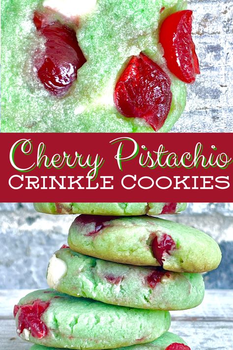 Cherry Pistachio Crinkle Cookies - That's Just Jeni Pistachio Pudding Cookies, Cherry Pistachio, Cherry Pie Bars, Pistachio Cookies, Cherry Cookies, Pistachio Pudding, Pudding Cookies, Eat Cookies, Almond Extract