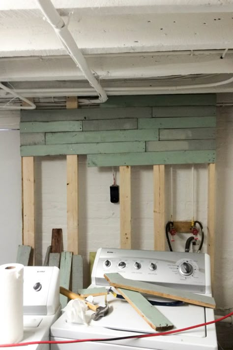 Basement Laundry Room Ideas Unfinished Diy, Laundry And Exercise Room, Simple Basement Laundry Room, Laundry Room Makeover Basement, Laundry Room Ideas Brick Wall, Laundry Room Pallet Wall, Cheap Diy Laundry Room Ideas, Flooring For Laundry Room, Unfinished Basement Ideas Laundry