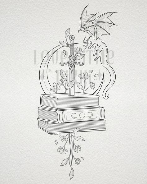 Coloring Book Tattoo Ideas, Aelin And Rowan Tattoos, Fantasy Tattoo Designs Drawings, Fantasy Romance Tattoo, Fantasy Lover Tattoo, Hot To Train Your Dragon Tattoo, Dragon Coming Out Of A Book Tattoo, Fantasy Bookish Tattoos, Book Tattoo With Dragon