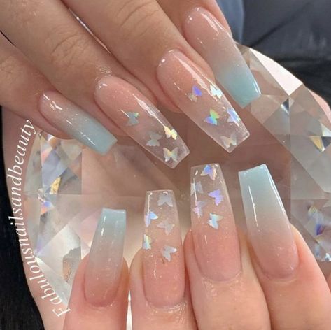 Nail Designs With Clear Nails, Cute Nails Acrylic Coffin Blue, Cuffing Nail Design, Acrylic Nails For Birthday Summer, Spring Nails Butterflies, Birthday Nails Summer, Blue Ombre Nails, Uñas Aesthetic