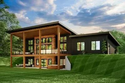 Architectural Designs Lake House Plans For Sloped Lot, Slant Roof House Plans, Sloping Lot House Plans Walkout Basement, Sloping Lot House Plans Modern, 1200 Sq Ft Lake House Plans, Lake Cottage Floor Plans, Small House Plans With Walkout Basement, Small Walkout Basement House Plans, Walk Out Basement House Plans