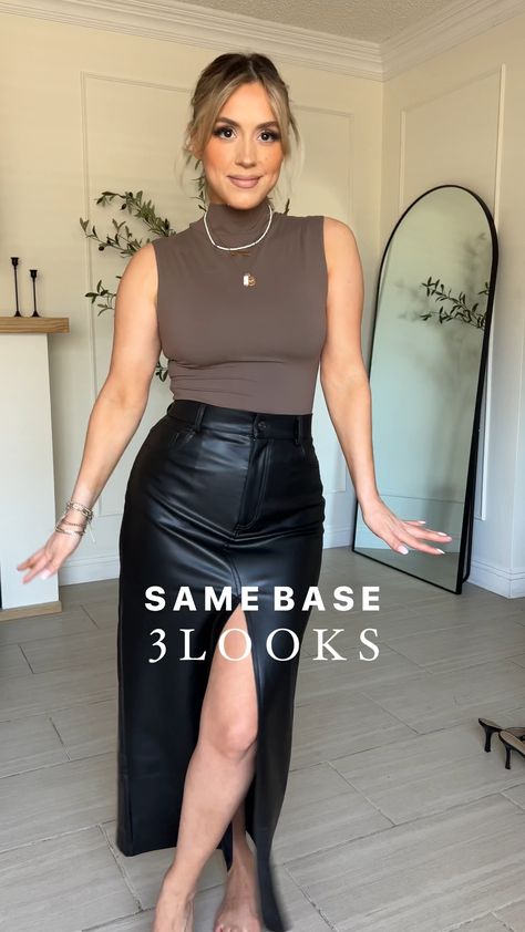 Midi Skirt And Blouse Outfit, Long Black Split Skirt Outfit, Maxi Black Leather Skirt Outfit, Edgy Leather Skirt Outfit, Leather Skirt Thanksgiving Outfit, Classy Happy Hour Outfit, Faux Leather Maxi Skirt Outfit, Faux Leather Maxi Skirt, Fall Fashion 2024 Women Work