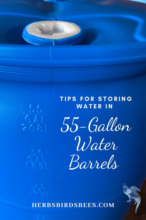 Water Barrel Storage, Long Term Water Storage, 55 Gallon Plastic Drum, Rain Barrel System, Survival Skills Emergency Preparedness, Rain Harvesting, Water Storage Containers, Storing Water, Water Barrel