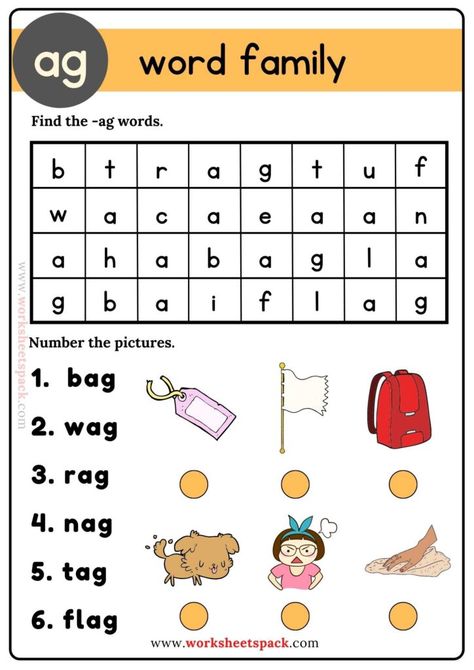 Ag Word Family Word Search Puzzle - Printable and Online Worksheets Pack Ag Words, Ag Cvc Words Worksheets, Ag Family Words Worksheet, Ag Worksheets, Ag Family Words, Ag Words Worksheets, Ag Word Family, Word Family Worksheets Kindergarten, Am Family Words Worksheet