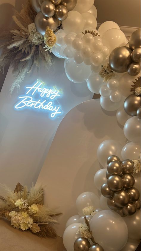 Birthday balloon display. Birthday aesthetic. White and Gold birthday display. Neon light. Luxury display. Kent. Pampas display. Birthday set up. White Gold Beige Birthday, 18th Birthday White And Gold, Neutral 18th Birthday, Beige 18th Birthday Theme, Nude Birthday Decorations, Pampas Display, Balloon Arch Champagne, White And Gold Birthday, Beige Birthday