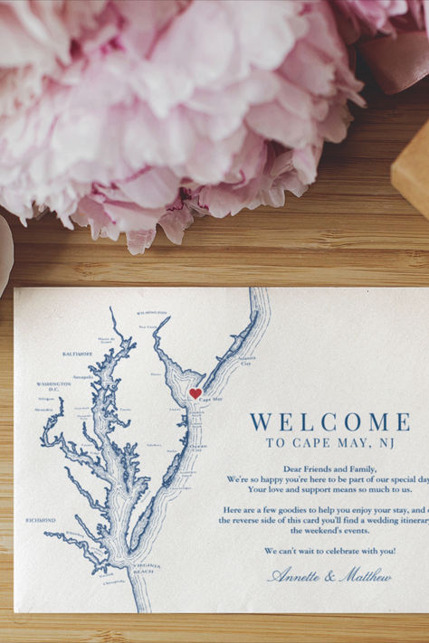 Quick and Easy ordering! Customize these Chesapeake Bay map wedding welcome and itinerary cards with your wedding welcome message on the front, and your weekend events on the back. These are perfect to include with your Cape May, NJ destination wedding welcome bags. Click "Edit using the Design tool" to move the heart, which is shown over Cape May, New Jersey. Artwork by Coastal Map Designs. Cape May New Jersey Wedding, Cape May Nj Wedding, Vintage Nautical Wedding, Elegant Navy Blue Wedding, Cape May Wedding, Wedding Weekend Itinerary, Map Wedding Invitation, Jersey Shore Wedding, Cape May New Jersey