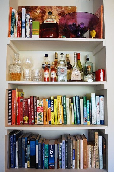 Living Room Bar Ideas, Bookshelf Bar, Office Upgrade, Boston Apartment, Bookcase Bar, Jenny Rose, Beautiful Bookshelf, Bookshelf Organization, Bar Cart Styling