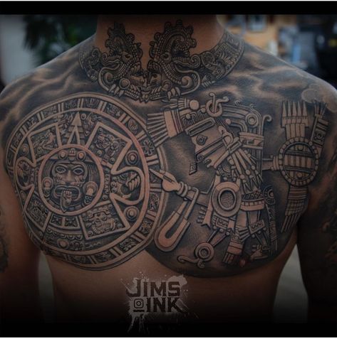 Aztec Calendar Chest Tattoo, Mexican Chest Tattoo For Men, Aztec Chest Piece, Mayan Neck Tattoo, Mexican Chest Tattoo, Mexican Warrior Tattoo, Mexican Tattoo Ideas For Men Aztec, Mayan Tattoos Men, Aztec Chest Tattoo