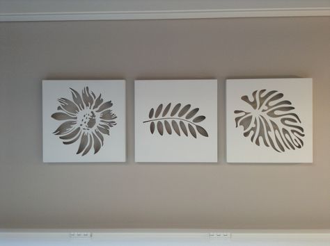 These were raised (mounted on frames)plastic cut-outs that allowed the wall color to show. Cute decorative and very simple idea. Anyone know where to get them? Cut Out Canvas, Canvas Art Diy, Cuadros Diy, Minimalist Home Interior, Easy Canvas Art, Paper Cut Art, Stencil Art, Stencil Painting, Diy Canvas Art