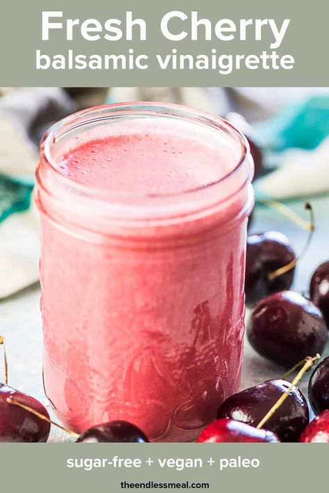 SAVE FOR LATER! This pretty Balsamic Cherry Vinaigrette is made with fresh cherries. It's a sweet and summer salad dressing that's super easy to make in your blender! #theendlessmeal #cherries #cherry #salad #saladdressing #cherryrecipes #summersalads #summerrecipes #refinedsugarfree #sugarfree #vinaigrette #pink #pinkrecipes #summer #valentines Cherry Vinaigrette Dressing, Cherry Balsamic Vinaigrette, Cherry Salad Dressing, Michigan Cherry Salad, Vinegrette Salad Dressing, Vinegrette Recipe, Balsamic Vinegrette, Summer Salad Dressing, Salad Dressing Recipes Balsamic