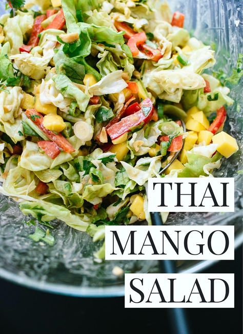 This fresh Thai-flavored salad features mango, bell pepper, greens and a delicious peanut dressing! cookieandkate.com Mango Salad Dressing, Thai Mango Salad, Salad With Peanut Dressing, Thai Salad Recipes, Thai Mango, Thai Salads, Resep Salad, Peanut Dressing, Spicy Peanuts