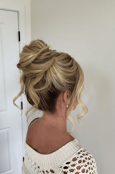 wedding updo, bridal hairstyles, enchanting hairstyles Updo Bun Bridesmaid, Bridal Shower Hair Updo, High Buns For Wedding, Bun Hairstyles Homecoming, Updo With Cathedral Veil, Hollywood Hairstyles Updos, Updo Wedding Guest Hairstyles, Bride High Updo Hairstyles, Wedding Hair For High Neckline Dress