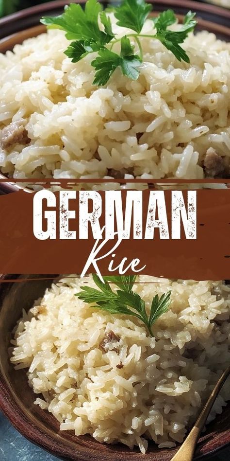 German Rice Ingredients: 1 cup long-grain white rice 2 cups water 1 tablespoon butter 1 onion, finely chopped 2 cloves garlic, minced 1 tablespoon olive oil Salt and pepper to taste 2 tablespoons fresh parsley, chopped (optional) 1 teaspoon chicken bouillon powder (optional) #GermanRice #Easy German Rice, Chicken Long Rice, Chicken Bouillon Powder, Chicken Bouillon, Long Grain Rice, Rice Ingredients, Comfort Dishes, White Rice, Rice Dishes