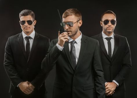 Handsome bodyguards on dark background P... | Premium Photo #Freepik #photo #man #luxury #security #job Bouncer Security Men, Security Man, Bodyguard Services, Body Guards, Groom Suit Black, Body Guard, Event Security, Security Guard Services, Private Security