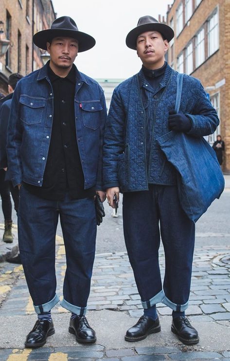 Japanese Men Style, Japanese Street Style Men, London Fashion Week Street Style Men, Americana Fashion Men, Japanese Americana, Japanese Street Fashion Men, Men's Street Style Photography, Raw Denim Jacket, Denim Outfit Men