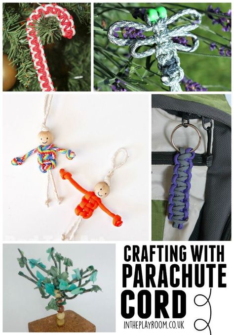 crafting with parachute cord aka paracord. More than just bracelets Parachute Cord Crafts How To Make, Diy Parachute Craft, How To Make A Toy Parachute, Parachute Cord Lanyard Diy, Parachute Cord Keychain, Parachute Cord Crafts, Cords Crafts, Paracord Bracelet Patterns, Loom Crochet