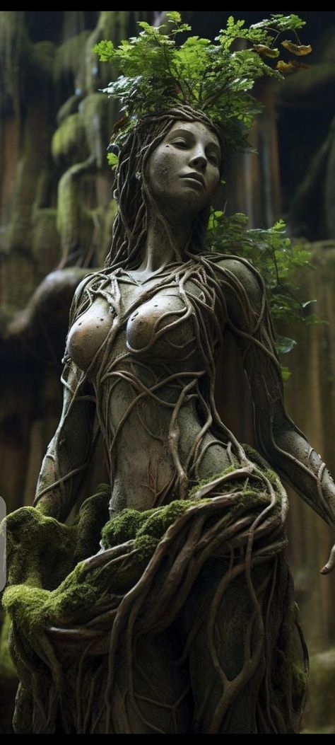 Statue Concept Art, Forest Statue, Forest Dryad, Woman In The Forest, Earth Warrior, Statue Of A Woman, Statue Woman, Warrior Statue, Fantasy Statue