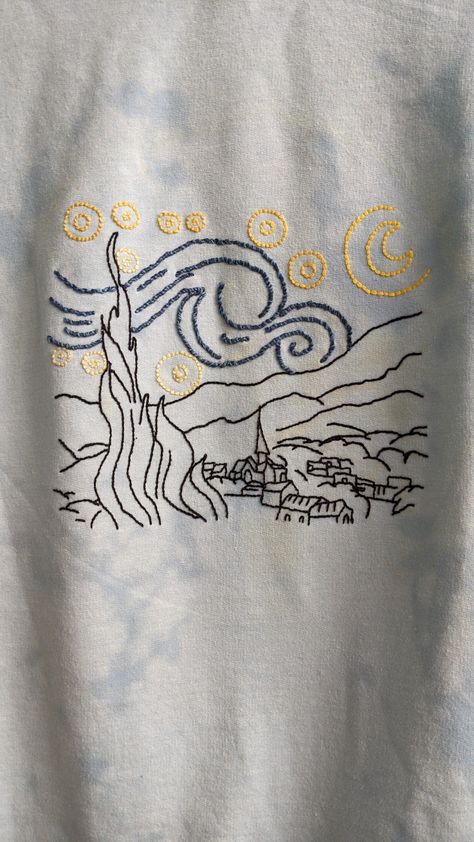 Van Gogh, Starry night, sticken, embroidery, Stembroidery, Backstitch, french knot, chain stitch Vincent Van Gogh Embroidery, Embroidery Patterns Hoodie, Embroidery Hoodie Diy, Embroidered Hoodie Diy, Hoodie Embroidery Ideas, Van Gogh Hoodie, Hand Embroidery Patterns Free Templates, Diy Embroidery Shirt, Jacket Embroidery