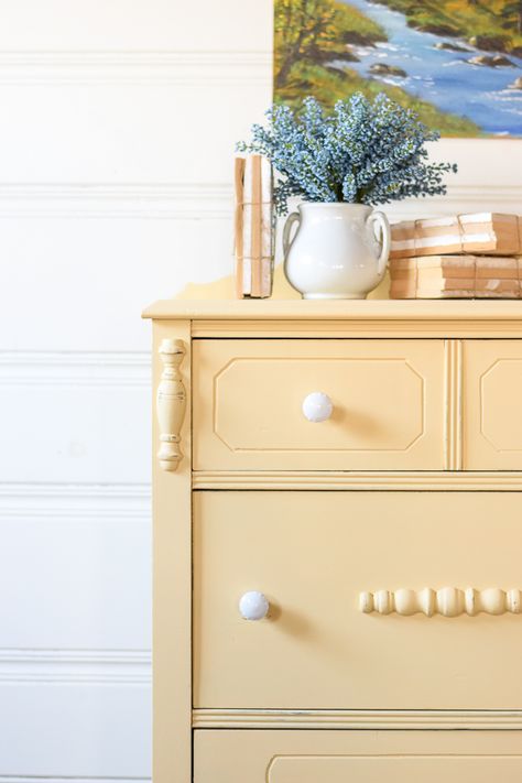 Fusion Mineral Paint Furniture Buttermilk Cream, Yellow Furniture Makeover, Pastel Yellow Furniture, Light Yellow Furniture, Yellow Dresser Nursery, Yellow Painted Furniture Ideas, Yellow Dresser Bedroom, Yellow Furniture Paint, Yellow Chalk Paint Furniture