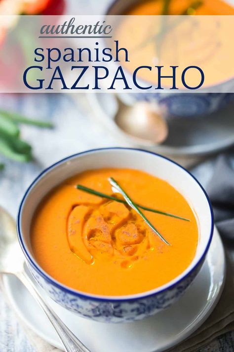 Authentic Spanish Gazpacho: So refreshing! Served chilled & so silky-smooth, with a touch of sherry vinegar. #gazpacho #recipe #easy #spanish #healthy #cucumber #soup #gaspacho #vegan #tomato #andaluz #videos #summer #best #classic #authentic #appetizer #original #traditional #food #veggies #dinners #cooking #meals #lunches #howtomake #dairyfree #bakingamoment Gaspacho Soup, Crusty French Baguette Recipe, Gazpacho Soup Recipe, Easy Gazpacho, Spanish Gazpacho, Spanish Soup, Cucumber Soup, Gazpacho Soup, Lemon Soup