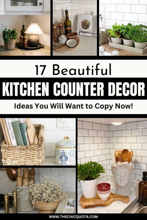 Blog post about 17 beautiful kitchen counter decor ideas. Click to read more! Counter Display Ideas, Kitchen Counter Display, Kitchen Counter Decor Ideas, Simple Kitchen Decor, Counter Decor Ideas, Decor Kitchen Island, Island Ideas Kitchen, Best Kitchen Ideas, Kitchen Counter Decor