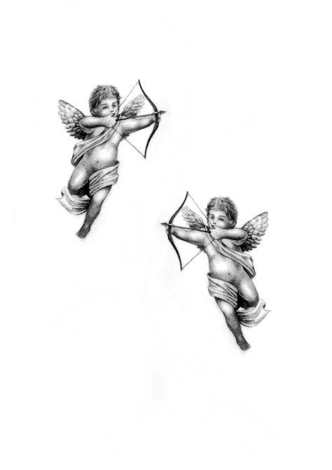 Cupid Men Tattoo, Cherub With Bow And Arrow Tattoo, Cherub With Bow And Arrow, Cherub Chest Tattoo, Cherub Tattoo Men, Cupid Tattoo Men, Cupid Tattoo Design, Two Cherubs Tattoo, Cherub Tattoos